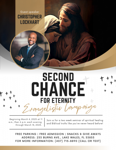 Join us for an evangelistic meeting
Second Chance for Eternity
From March 4th - March 18th